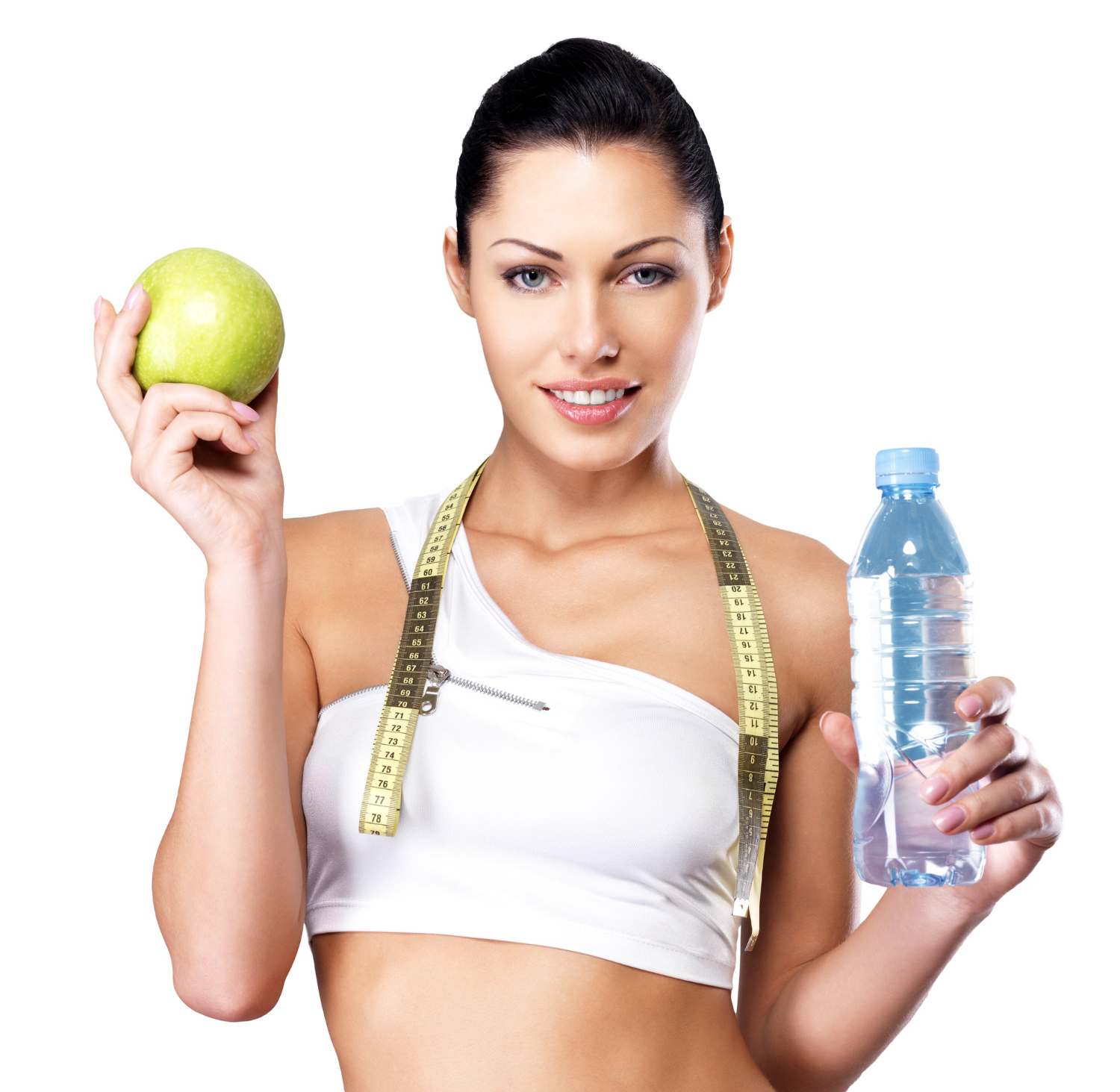 woman with apple and water bottle