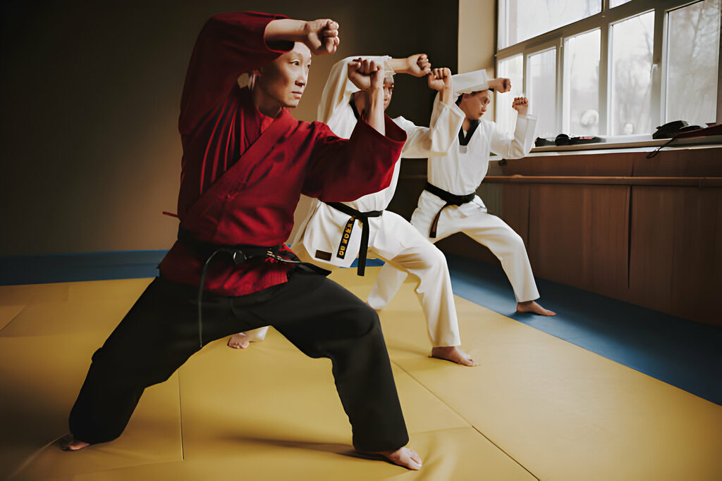 Sensei and two martial arts students with black belts training together.